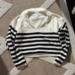 Altar'd State Cream and Black Striped V-Neck Sweater